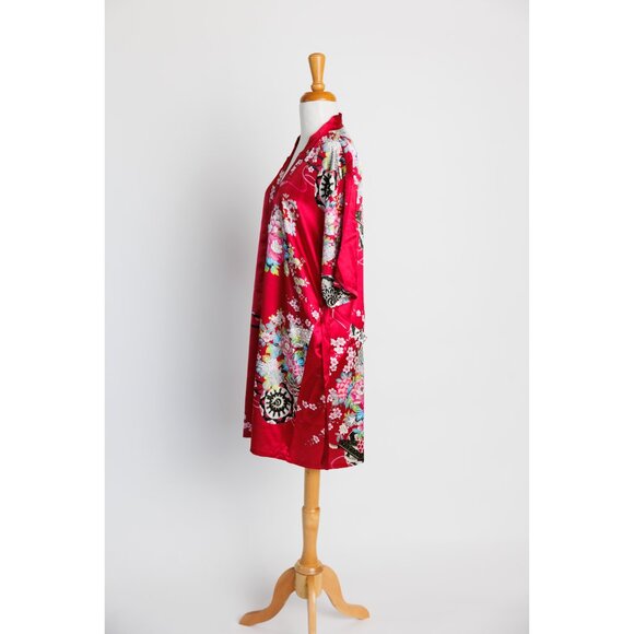 Chinese dressing robe, floral print red short dressing robe, 100% cotton - Picture 8 of 10